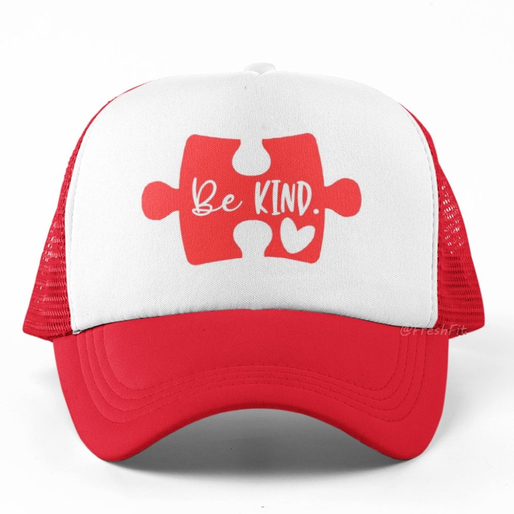 🆕Be Kind Puzzle Piece Foam Trucker Hat Mesh Snapback Cap Red/White